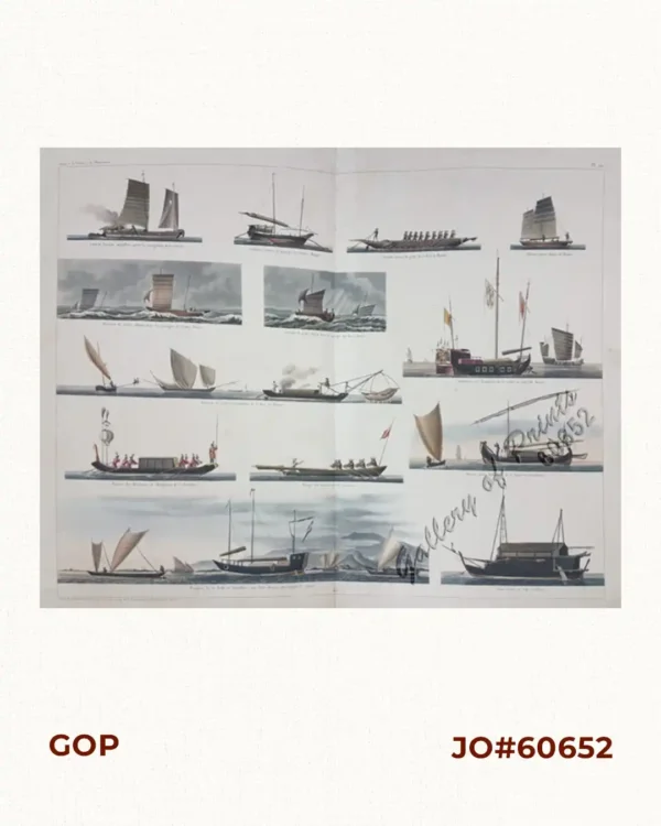 1. Casco, bateau manillois pour la navigation des rivières [Casco, Manila Boat for River Navigation]; 2. Guidalo, bateau de passage de Cavite à Manille [Guidalo, Cavite to Manila Ferry]; 3. Grande barque de pêche de la Baie de Manille [Large Fishing Boat of Manila Bay]; 4. Bateau pilote Chinois de Macao; 5. Bateaux de pêche Chinois…..iles Piedra Banca; 6. Bateaux de pêche Chinois…..iles Ladrones; 7. Champangs de l'empereur……….Macao; 8. Bateaux de pêche Cochinchinois…..Tourane; 9. Bateaux de mandarins ………..Cochinchine; 10. Pirogue des naturel's des Iles Anambas; 11. Bateau pilote hollandais de la ……….Sourabaya; 12. Pirogues de la rade Sourabaya…..voyages…..; 13. Petit navire de l'Ile Célèbes.