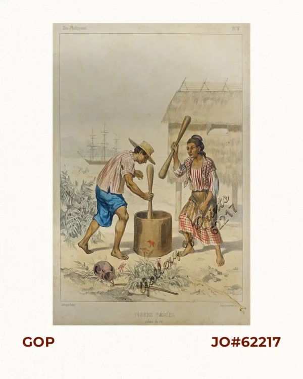 Indiens Tagales pilant du riz [Tagalog Natives Pounding Rice]