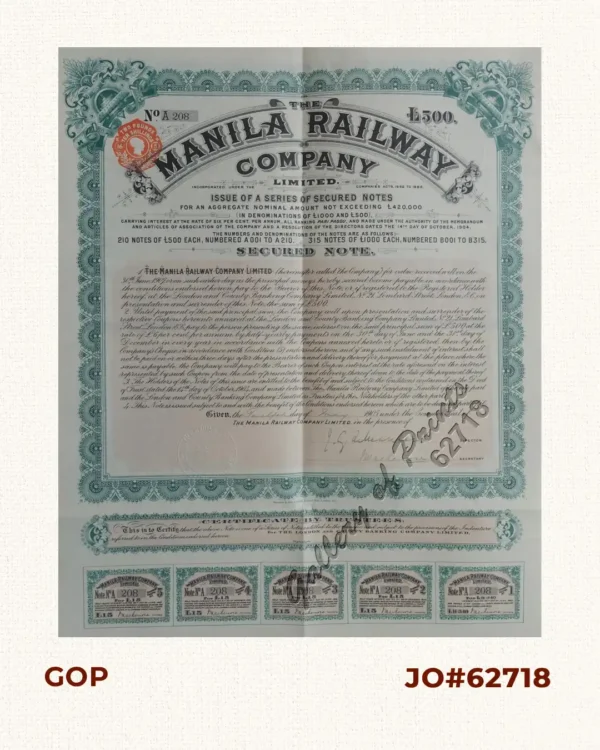 The Manila Railway Company [1905] Secured Note of £500, No. 208  with 5 coupons
