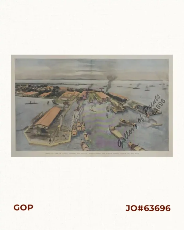 Bird's-eye View of Cavite, Showing the Arsenal, Fortifications, and Sunken Spanish Vessels Off the Mole.