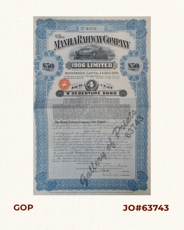 The Manila Railway Company [1906] Limited  4% "B" Debenture Bond No. B 22725  £ 50 - [with 26 coupons #73-98 - all issued and cancelled with blue marker] [in blue colour]