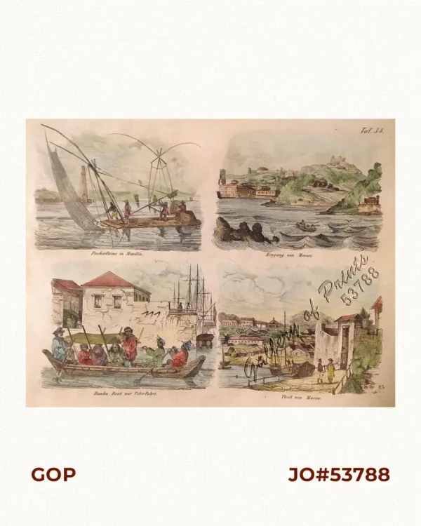 1. Fischerflösse in Manilla [Fishing Raft]; 3. Banka, Boot zur Ueberfahrt [Outrigger Boat Ferry]; 2. Eingang von Macao; 4. Theil von Macao.