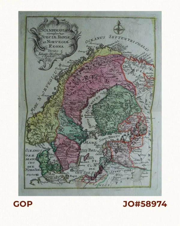 Scandinavia complectus Sueciae Daniae et Norvegiae Regna excusa a Iohan Michael Probst Aug: Vind