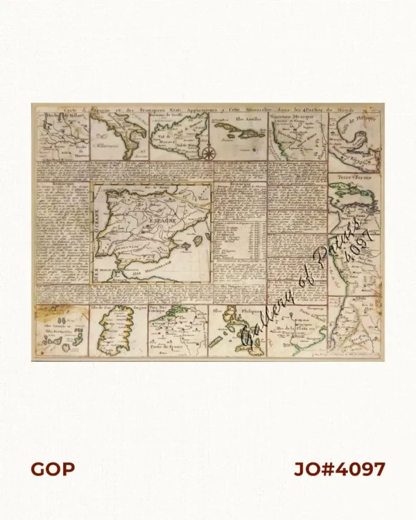 Carte d' Espagne et des principaux etats appartments a Cette Monarchie dans les 4Parties du Monde. 1. Isles Philipines; 2. Duche de Millan; 3. Royaume de Naples; 4. Royaume de Sicille; 5. Isles Antilles; 6. Nouveau Mexique; 7. Nouvelle Espagne; 8. Terre Ferme; 9. Le Perou; 10. Chili; 11. Rio de Plata ou Paraguay; 12. Pais Bas Catolique; 13. Isles de Sardaigne; 14. Isles Canaries ou Isles Fortunees; 15. Espagne.