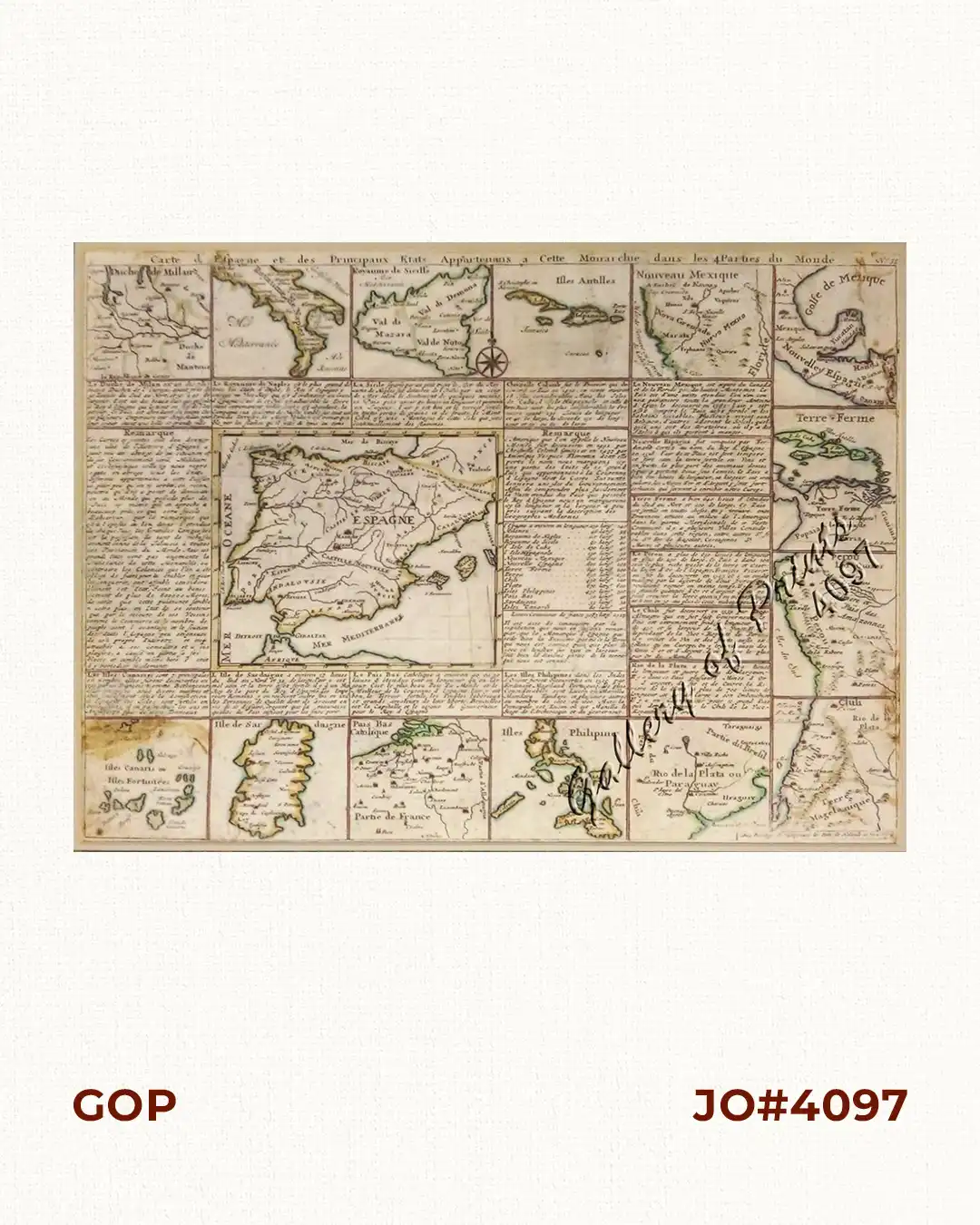 Carte d' Espagne et des principaux etats appartments a Cette Monarchie dans les 4Parties du Monde. 1. Isles Philipines; 2. Duche de Millan; 3. Royaume de Naples; 4. Royaume de Sicille; 5. Isles Antilles; 6. Nouveau Mexique; 7. Nouvelle Espagne; 8. Terre Ferme; 9. Le Perou; 10. Chili; 11. Rio de Plata ou Paraguay; 12. Pais Bas Catolique; 13. Isles de Sardaigne; 14. Isles Canaries ou Isles Fortunees; 15. Espagne.