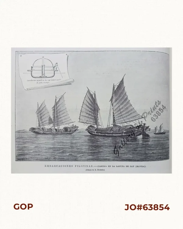 Embarcaciones Filipinas. - "Cascos" en la laguna de Bay (Manila). [inset: Cross Section of a Casco]