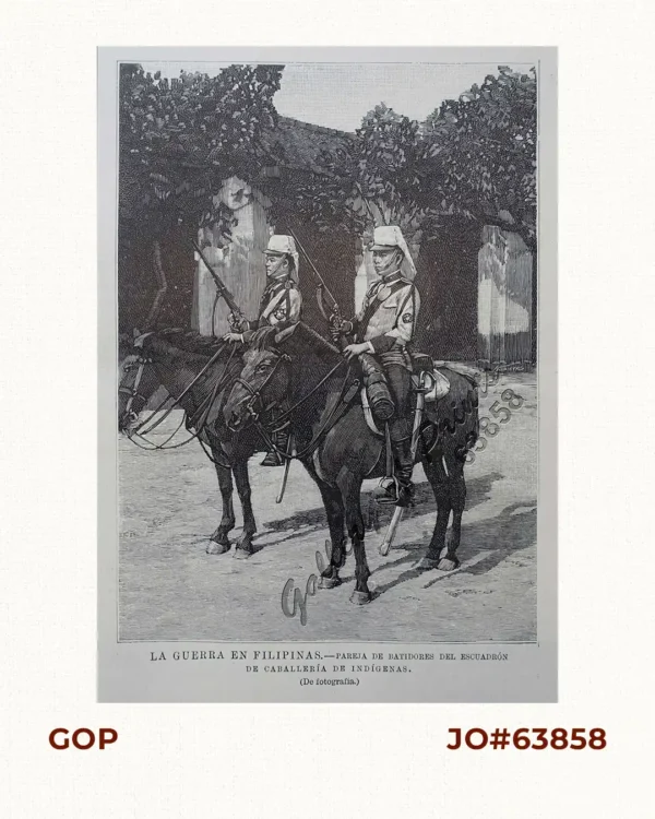 La Guerra en Filipinas. - Pareja de batidores del Escuadrón de Caballería de Indígenas. [Pair of battle members of the native Cavalry squad.]