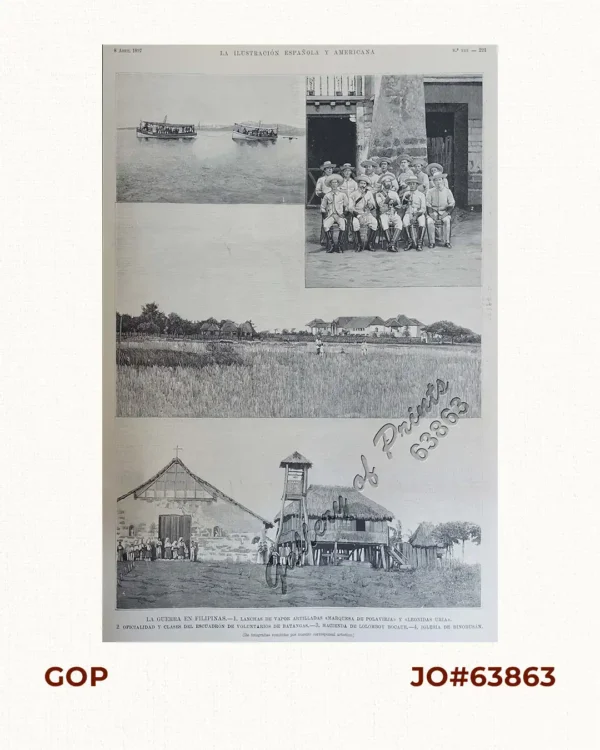 La Guerra en Filipinas.  1. Lanchas de Vapor Artilladas "Marquesa de Polavieja" y "Leonidas Uria". [Artillery Steam Boats…].  2. Oficialidad y Clases del Escuadrón de Voluntarios de Batangas.  3. Hacienda de Lolomboy Bocaue.  4. Iglesia de Binobusán.