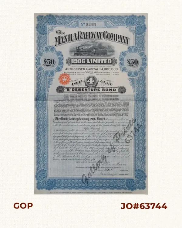 The Manila Railway Company [1906] Limited 4% “B” Debenture Bond No. B 23181 £ 50 – [with 26 coupons #73-98 – all issued and cancelled with blue marker] [in blue colour]