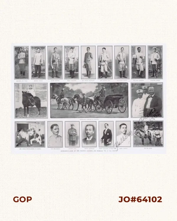 Retrospect - Some of the Filipino Leaders. 1) Gregorio del Pilar. 2) Isidoro Torres. 3) Artimo Ricardo. 4) Tomas Mascardo. 5) Gen. Emilio Aguinaldo. 6) José Ignacio Pana. 7) Pantaleon Garcia. 8) Brig.-Gen. Cardeñas. 9) Francisco Prieto. 10) Aguinaldo's Wife. 11) Aguinaldo's Carriage at Malolos. 12) Aguinaldo's Father-in-Law. 13) Gen. Luna's Fencing-School in Manila. 14) Vilo Bellarmino. 15) Antonio Luna. 16) Felipe Agoncello. 17) Pedro Alejandro Paterno. 18) Pedro Lionzon. 19) Pio del Pilar.