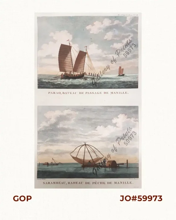 1) Parao, Bateau de Passage de Manille (Parao, ferryboat of Manila); 2) Sarambeau, Radeau de Peche de Manille (Sarambao, fish trap of Manila)