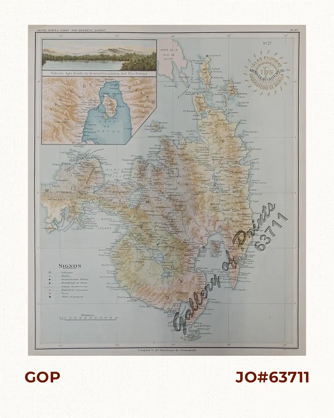 Isla de Mindanao oriental pl. 27 (Misamis, Surigao, Cotabato, Davao,.....with insets of Volcan Apo and Seno de Davao)