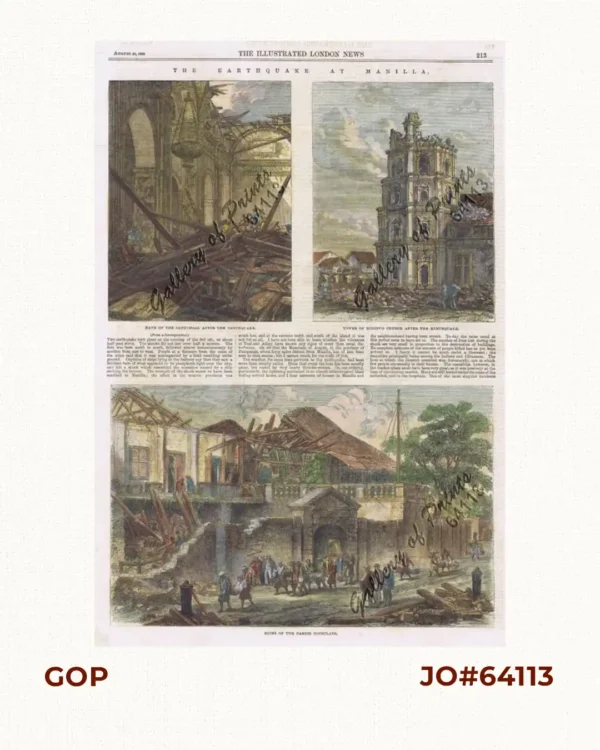 The Earthquake at Manilla: 3 views. 1) Nave of the Cathedral after the Earthquake. 2) Tower of Binondo Church after the Earthquake. 3) Ruins of the Danish Consulate