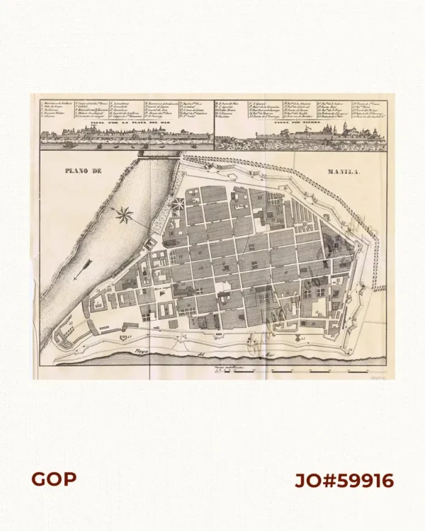 Plano de Manila (inset: 1. Vista por la Playa del Mar; 2. Vista por Tierra)