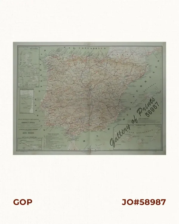 Mapa General  Atlas Geografico Descriptivo de la Peninsula Ibérica Yslas Baleares, Canarias y posesiones Españolas de Ultramar por el Comandte Capn de Infa auxiliar que ha sido del Deposito de la Guerra D. Emilio Valverde Y Alvarez.  [insets]:  1. Islas Filipinas  2. Posesiones Españolas de golfo del Guinea  3. Antillas Españolas  4. Islas Canarias