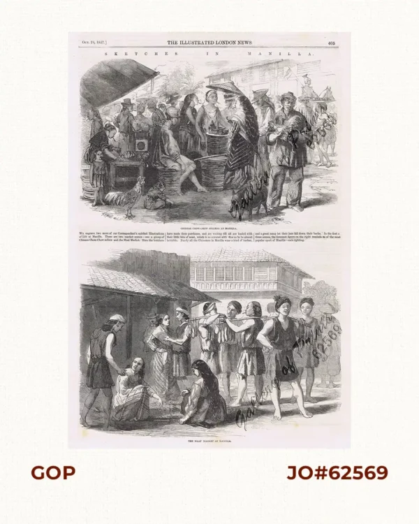 Sketches in Manilla. 1. Chinese Chow-chow sellers at Manilla; 2. The Meat Market at Manilla.