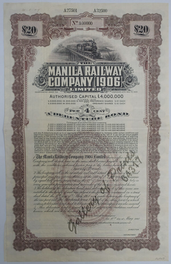 The Manila Railway Company [1906] Limited  4% "A" Debenture Bond No. A 00000  £ 20 - [with 97 coupons #2-98] [in brown colour]