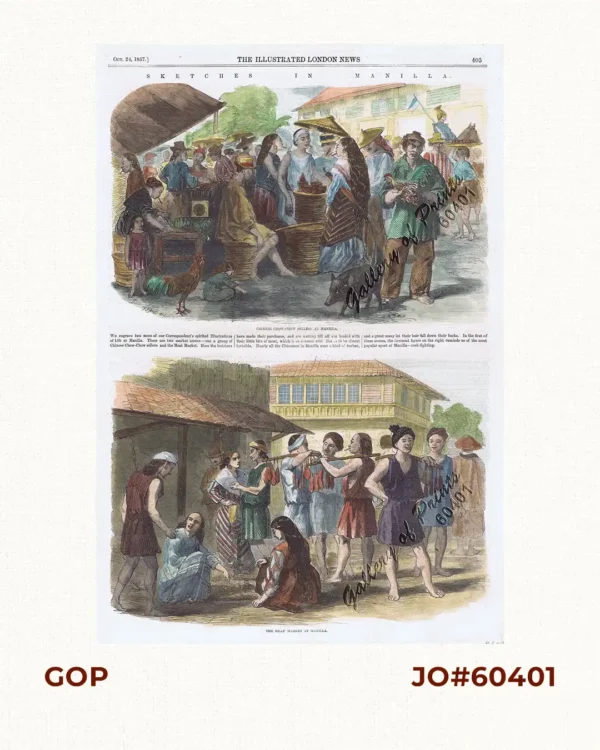 Sketches in Manilla. 1. Chinese Chow-chow sellers at Manilla; 2. The Meat Market at Manilla.