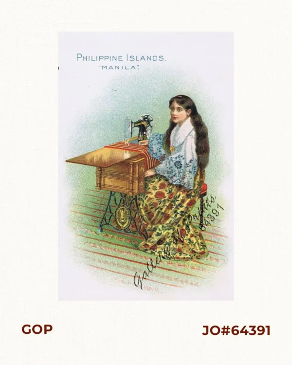 [Woman in National Costume Sewing] Philippine Islands. "Manila."