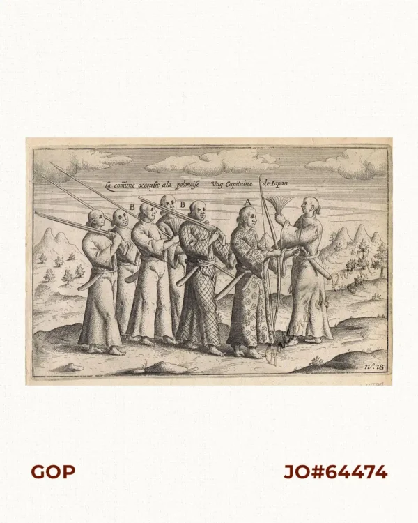 La comune accoutre ala polonoise. Ung Capitaine de Iapan  [Clothes of a Japanese nobleman and ordinary Japanese men dressed like Polish]  A. gentleman with bow and arrow and heavy dress.  B. others armed with muskets.]