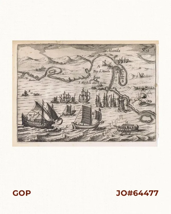 Manila [Sketch and Description of Manila Port] [with a fleet of Adm. Joris van Spilberghen & a smoking Taal]