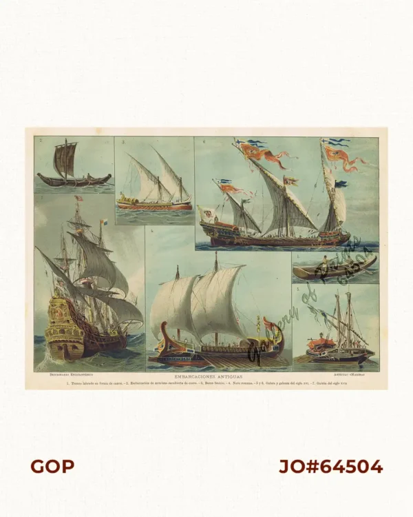 Embarcaciones Antiguas [Old Boats]  1. Tronco labrado en forma de canoa. [Trunk carved in the shape of a canoe].  2. Embarcación de mimbres recubierta de cuero. [Wicker boat covered in leather].  3. Barco de cuero. [Leather Boat].  4. Nave romana. [Roman ship].  5 y 6. Galera y galeaza del siglo XVI. [Galley and galleass from the 16th century].  7. Galeón del siglo XVII. [17th century galleon.].
