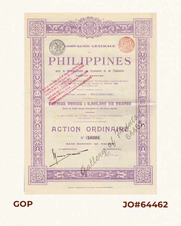 Compagnie Générale des Philippines pour de développement du Commerce et de l'Industrie  Capital Social : 3,000,000 de francs  Action Ordinaire No. 10304