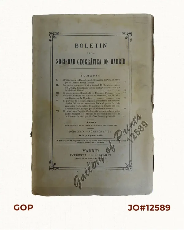 [Boletin] Boletín de la Sociedad Geográfica de Madrid.  Tomo XXIX. Numeros 1.°, Y 2.°  Julio y Agosto, 1890.