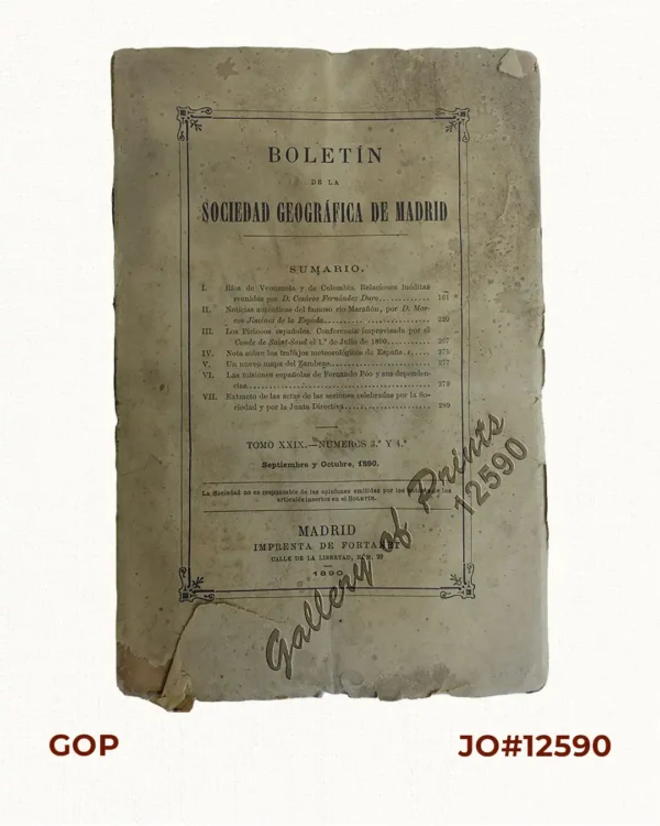 [Boletin] Boletín de la Sociedad Geográfica de Madrid.  Tomo XXIX. Numeros 3.°, Y 4.° Septiembre y Octubre, 1890.
