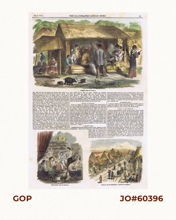 Sketches in Manilla. 1. Barber's shop in Manilla; 2. Shoemaker's Shop in Manilla; 3. Calzada de San Sebastian, a suburb of Manilla