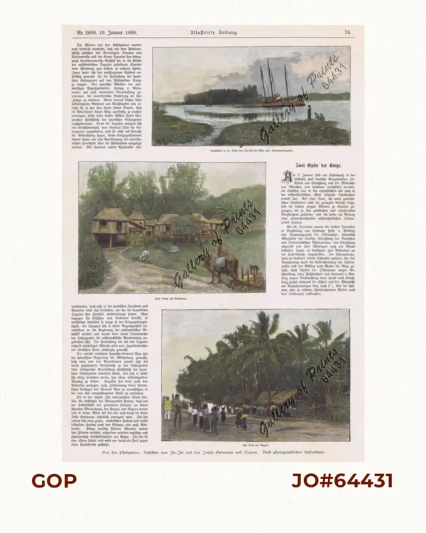 Von den Philippinen: Ansichten von Ilo-Ilo & den Inseln Guimaras und Negros.  1. Landschaft in der Nähe von Ilo-Ilo bei Ebbe und Sonnenuntergang.  [Landscape near Ilo-Ilo at Low Tide and Sunset.]  2. Dorf Salog auf Guimaras.  [Salog Village in Guimaras.]  3. Ein Dorf auf Negros.  [A Village in Negros.]