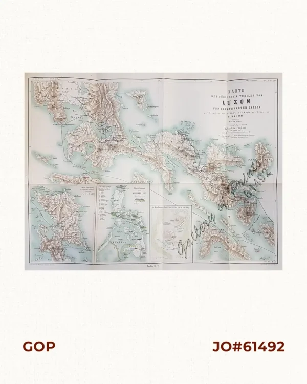 Karte des südlichen Theiles von Luzon und benachbarter Inseln auf Grundlage der Coello'schen [Map of Southern Luzon and Adjacent Islands Based on Coello's Map]. insets: 1. Untere Fortsetzung [Lower Continuation]. 2. Übersichtskarte der Philippinen [Map of the Philippines]. . Die Kieselbrunnen Naglegbeng bei Tibi in Prov. Albáy [Paved Wells Neglegbeng near Tiwi in Albay Province]