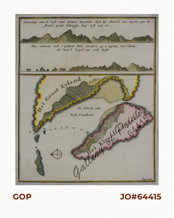 Vertooning van de kust vant Eyland Luconia digt by Manila.' & 't Eyland Pulo Condore op 8 mylen van t land'. [Relief of the coast of Luconia Island nearby Manila & Map of Pulo Condore Island 8 miles away from the coast]