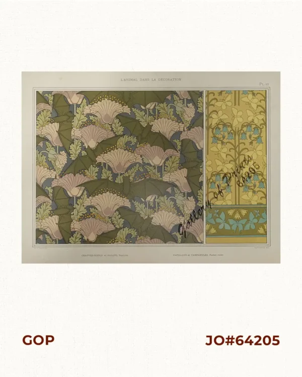 1) Chauves-souris et Pavots, Tenture. [Bats and Poppies, Tapestry].  2) Papillons et Campanules, Papier Peint. [Butterflies and Bluebells, Wallpaper].