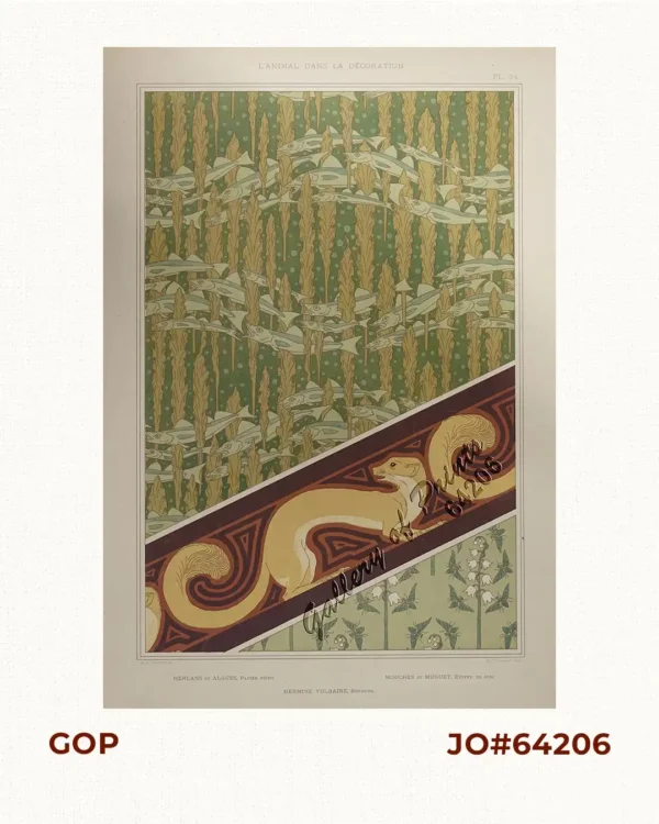 1) Merlans et Algues, Papier Peint. [Whiting and Algae, Wallpaper]. 2) Mouches et Muguet, Étoffe de Soie. [Flies and Lily of the Valley, Silk Fabric].  3) Hermine Vulgaire, Bordure. [Vulgar Ermine, Border].