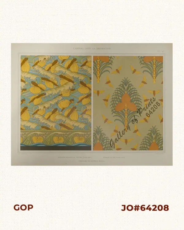 1) Poissons Volants et Vagues, Papier Peint. [Flying Fish and Waves, Wallpaper].  2) Cigales et Pin, Papier Peint. [Cicadas and Pine, Wallpaper].  3) Conquilles de Nautiles, Bordure. [Nautilus Shells, Border].