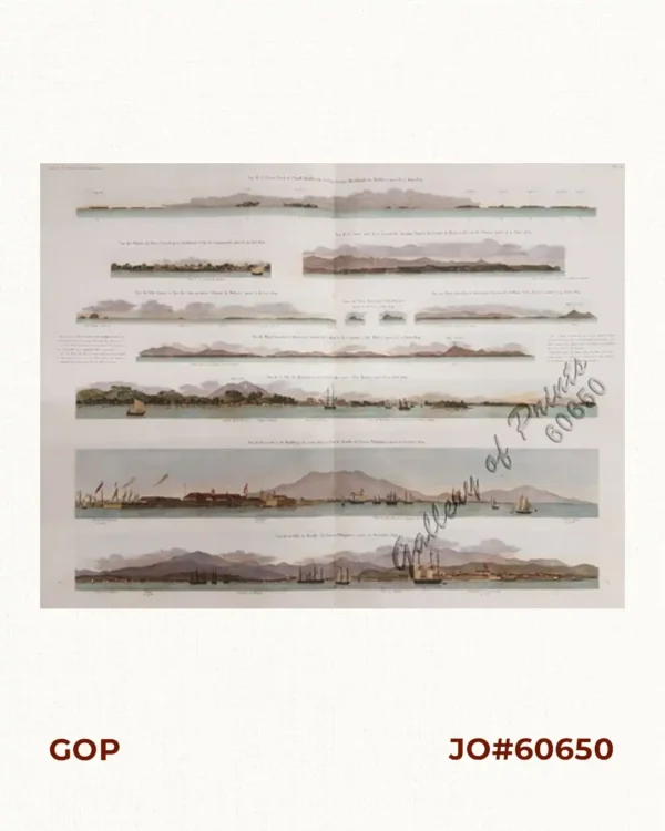 1. Vue de la partie ….. l'atoll Suadiva…..[Maldives].  2. Vue des ruines de fort St. David …..[Coromandel].  3. Vue de la partie ….. Ile Nicobar….. [Malacca].  4. Vue de pulo Jamar…..Iles Aru …..[Malacca].  5. Vues du Mont Parcelar….. [Malay].  6. Vues du Mont Parcelar et des terres….. [Malay].  7. Vues du Mont Parcelar …..Callam….. [Malay].  8. Vue de la Ville de Malacca et des terres…..[Malay].  9. Vue de l'Arsenal et du Mouillage de Cavite dans la Baie de Manille (Ile Luçon, Philippines.)………. [View of Cavite Arsenal and Anchorage in Manila Bay (Luzon Island)] Entrée de l'Arsenal [Arsenal Entry]  Télégraphe  Partie du Mouillage où se tiennent les bâtimens marchands. [Part of the Anchorage where the merchant ships are located]  Pointe Sangloy [Sangley Point]  10. Vue de la Ville de Manille (Ile Luçon, Philippines.) [View of Manila City (Luzon Island...)]  Entrée de la Rivière [River Entrance]  Phare [Lighthouse]  Faubourg de Binondo [Binondo Suburb]  Ville de Manille [Manila City]  Cathédrale et Gouvernement