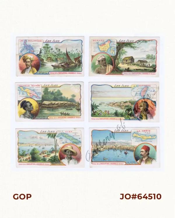 Les Iles [The Islands]  1) Les Philippines Rivière de Davao (Mindanao) [Davao River].  2) Borneo Un Village à Borneo [A Village in Borneo].  3) Nouvelle Guinée Village Lacustre de Sowek [Sowek Lake Village].  4) Formose [Taiwan] Ta-kao.  5) Cuba La Havane [Havana].  6) La Crète La Canée [Chania].