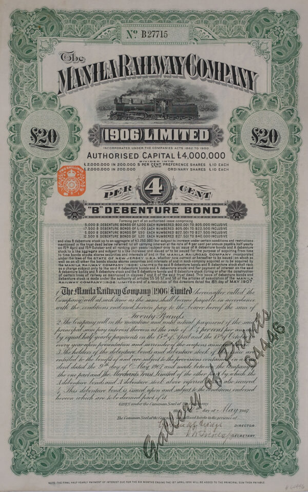 The Manila Railway Company [1906] Limited  4% "B" Debenture Bond No. B 27715  £ 20 - [with 26 coupons #73-98 - all issued and cancelled with blue marker]  [in green colour]