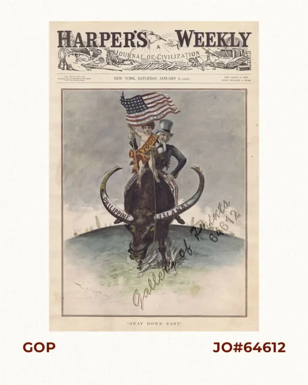 The Expansion of Good Government and Commerce [written on the American Flag] 1900 [written on Naked Baby Boy's Sash] Philippine Islands [written over both Horns of a Water Buffalo] [A smiling Uncle Sam holding the American Flag behind an equally happy Baby Boy Philippines riding a Carabao, with a panorama of warships' silhouettes on a curved horizon.] AWAY DOWN EAST