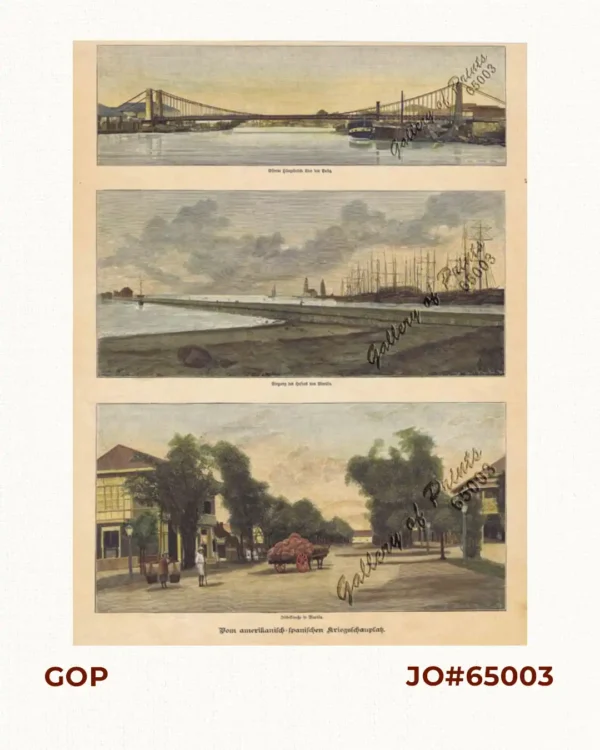 Vom amerikanisch=spanischen Kriegsschauplatz  [American-Spanish War Theatre]  1) Eiserne Hängebrücke über den Pasig [Iron Suspension Bridge Pasig].  2) Eingang des Hafens von Manila [Entrance to Manila Port].  3) Iris=Strasse in Manila [Iris St. in Manila].