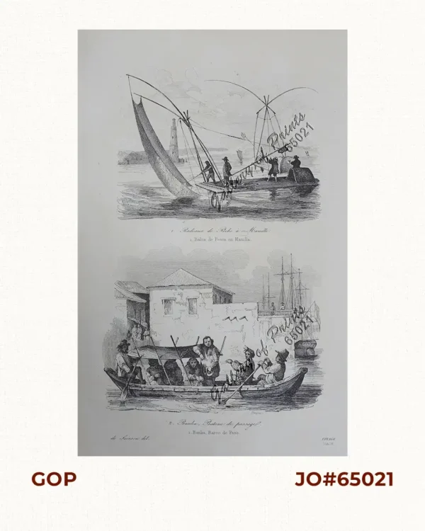 1. Radeaux de Peche a Manille - Balsa de Pesca en Manilla. [Fishing Raft in Manilla]. 2. Banca, Bateau de passage. - Banka, Barco de Paso. [Outrigger Boat Ferry]