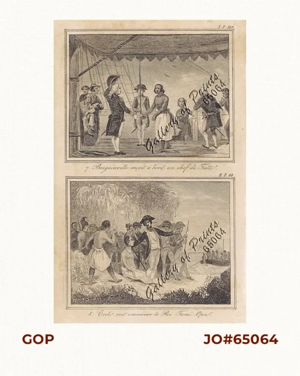7. Bougainville reçoit à bord un chef de Taiti.  [Bougainville receives a chef from Tahiti on board]  8. Cook veut emmener le Roi Farai-Opou.  [Cook wants to take King Farai-Opou away]