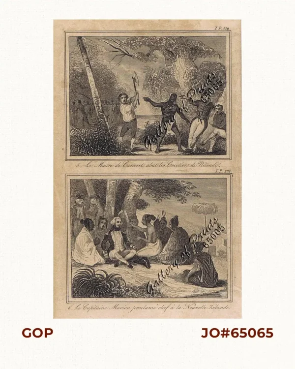5. Le Maitre de Carteret abat les Cocotiers de Nitendi.  [The Master of Carteret cuts down the Nitendi Coconut Trees]  6. Le Capitaine Marion proclame chef a la Nouvelle-Zélande.  [Captain Marion proclaimed leader of New Zealand]