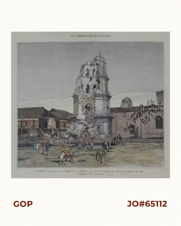 Los Terremotos de Filipinas: Manila. - Ruinas de la Torre de la Catedral, que había resistido al temblor de tierra de 1863  [The Philippine Earthquakes: Manila - Ruins of the Cathedral Tower, which had withstood the 1863 earthquake]