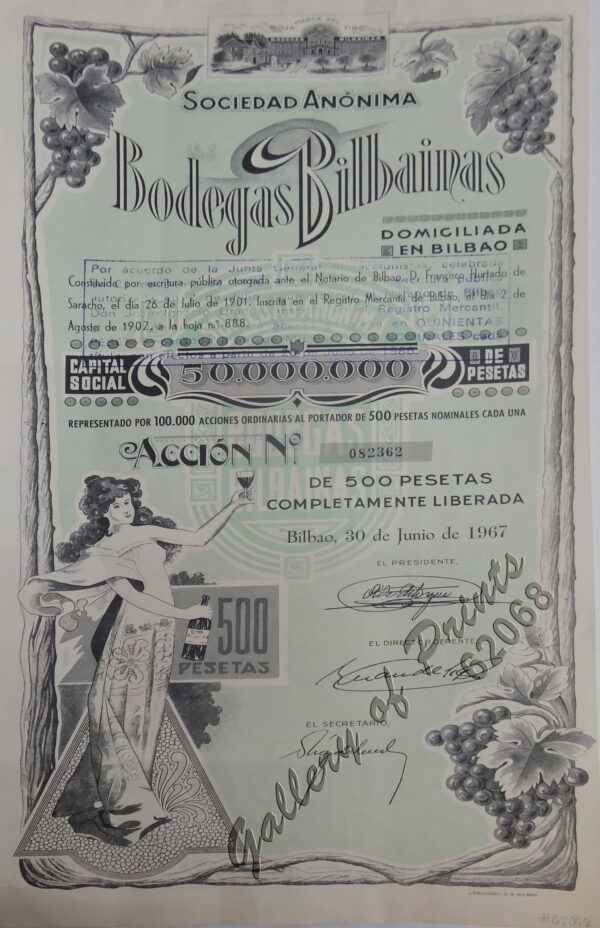 Accion [stock certificate] No. 082362  Capital Social 50,000,000 de pesetas de 500 pesetas completamente liberada [Bodegas Bilbainas Shares]