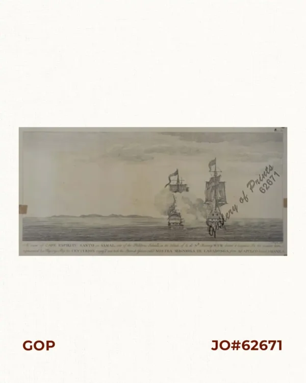 A view of Cape Espiritu Santo, on Samal, one of the Phillippine Islands… Centurion engag’d and took the Spanish Galeon call’d Nostra Seigniora de Cabadonga, from Acapulco bound to Manila.