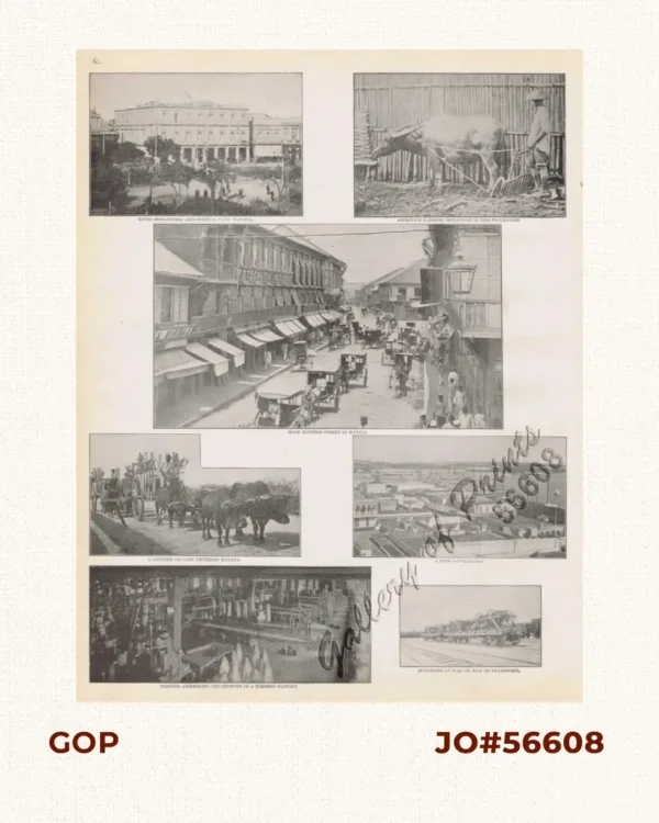 1.) Hotel Inglaterra and Central Park, Havana; 2.) Primitive Farming Implement in the Philippines; 3.) Main Business Street in Manila; 4.) A Country on Cart Entering Havana; 5.) A View of Santiago; 6.) Torpedo Assembling Department; 7.) Munitions of War on Way to Transports.