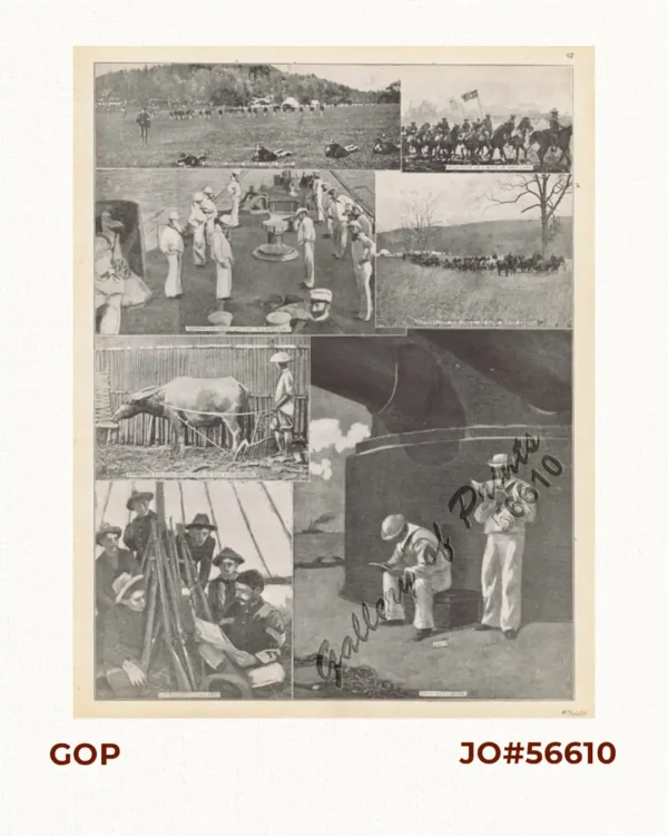 1.) Skirmish-firing while lying down; 2.) Snap-shot at a Body of Regulars; 3.) "Setting-up Drill" on the "Wilmington"; 4.) Battery off for Drill, at Camp Mount Gretna; 5.) Primitive Farming Implement in the Philippines; 6.) the War News in Camp; 7.) Thoughts Ashore.