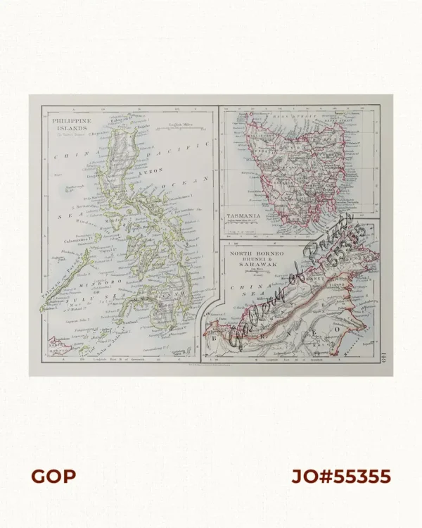 1) Philippine Islands (to United States). 2) Tasmania. 3) North Borneo, Brunei & Sarawak (British) with prints on verso: 1. Borneo, Sumatra, Java, Etc. 2. Fiji Islands.